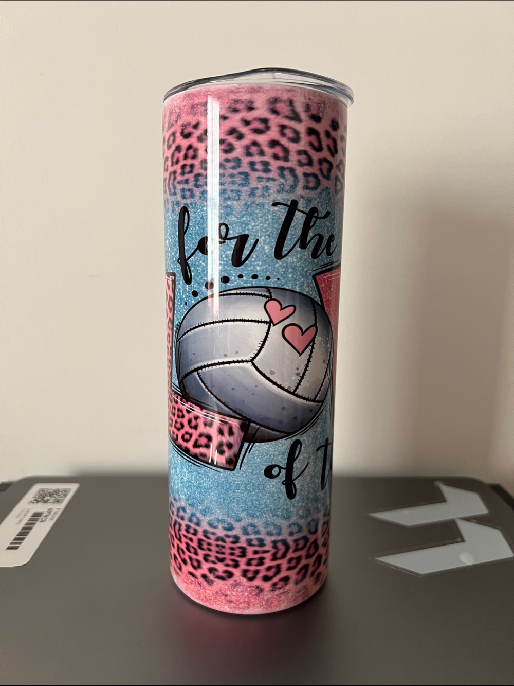 For the Love of Volleyball Skinny Tumbler - Pink & Blue Leopard Design